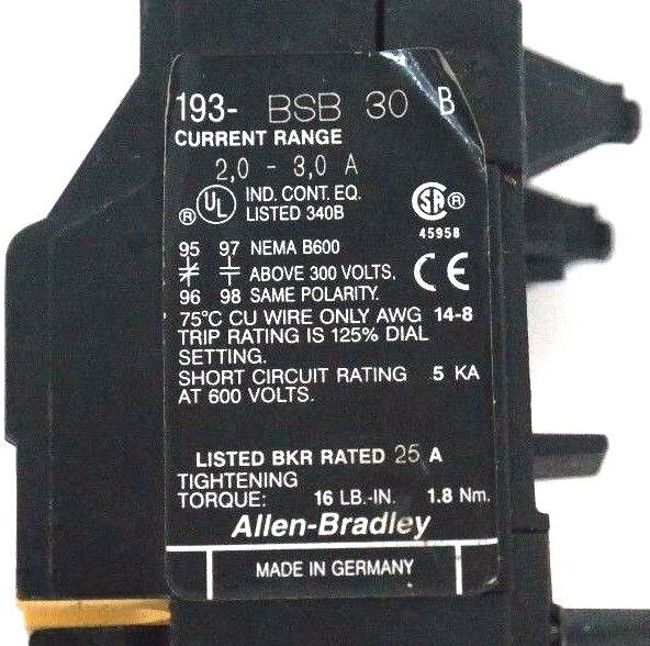 ALLEN BRADLEY 193-BSB-30 OVERLOAD RELAY 193BSB30, SER. B, 2-3AMP