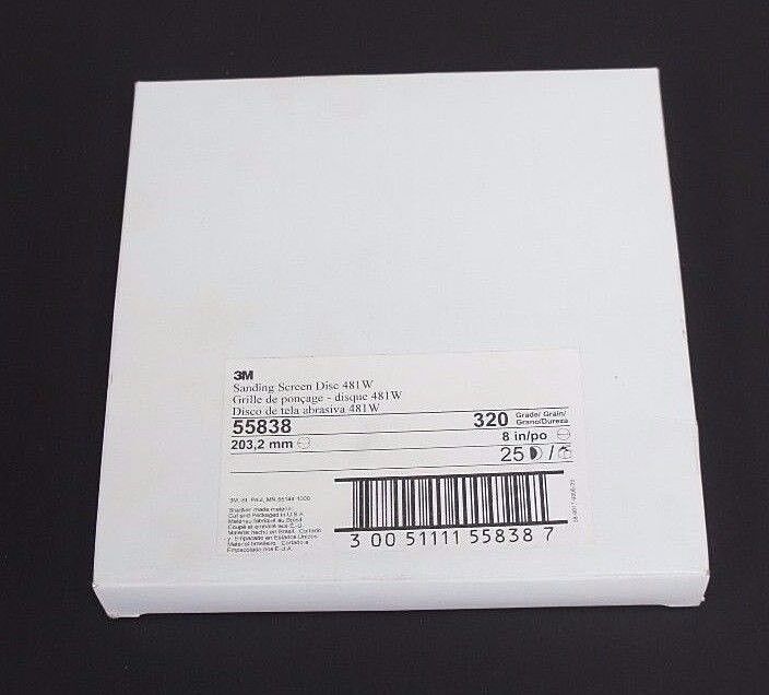 BOX OF 25 NIB 3M 55838 SANDING SCREEN DISCS 481W, 8'' DIA. 320 GRADE