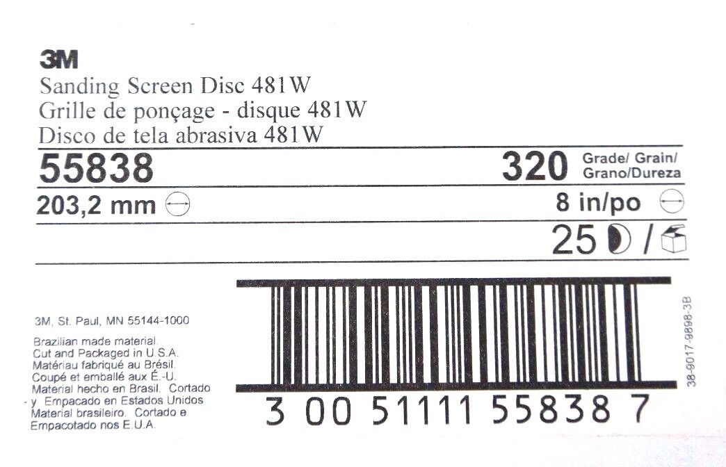 BOX OF 25 NIB 3M 55838 SANDING SCREEN DISCS 481W, 8'' DIA. 320 GRADE