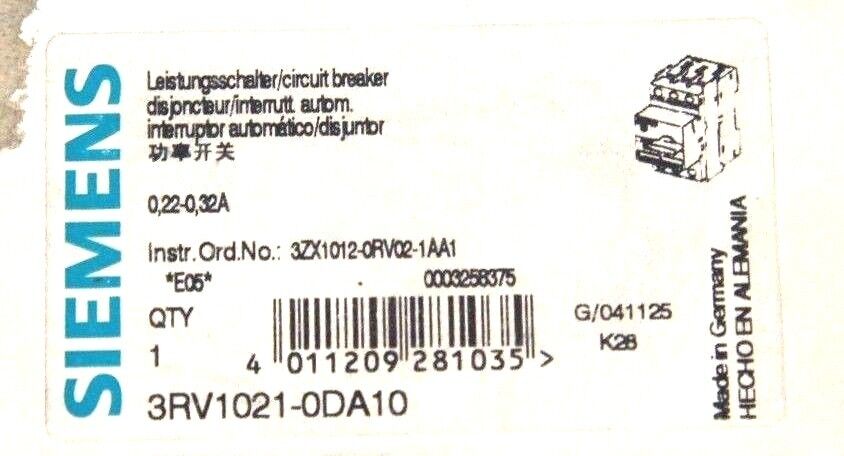 NIB SIEMENS 3RV1021-0DA10 MOTOR STARTER, 3RV10210DA10