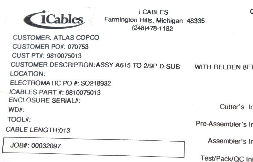 NEW ATLAS COPCO 9810075013 CABLE ASSEMBLY A615 TO 2/9P