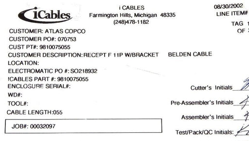 NEW ATLAS COPCO 9810075055 CABLE ASSEMBLY W/ RECEPTACLE F 11P