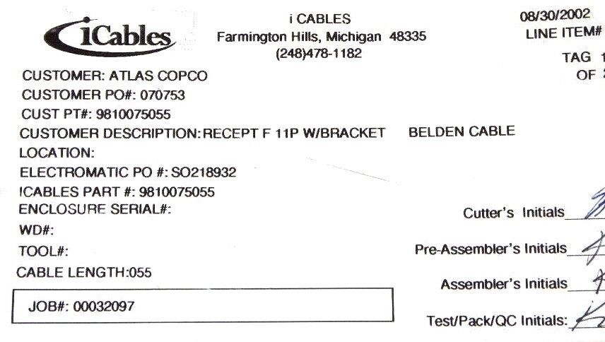 NEW ATLAS COPCO 9810075055 CABLE ASSEMBLY W/ RECEPTACLE F 11P