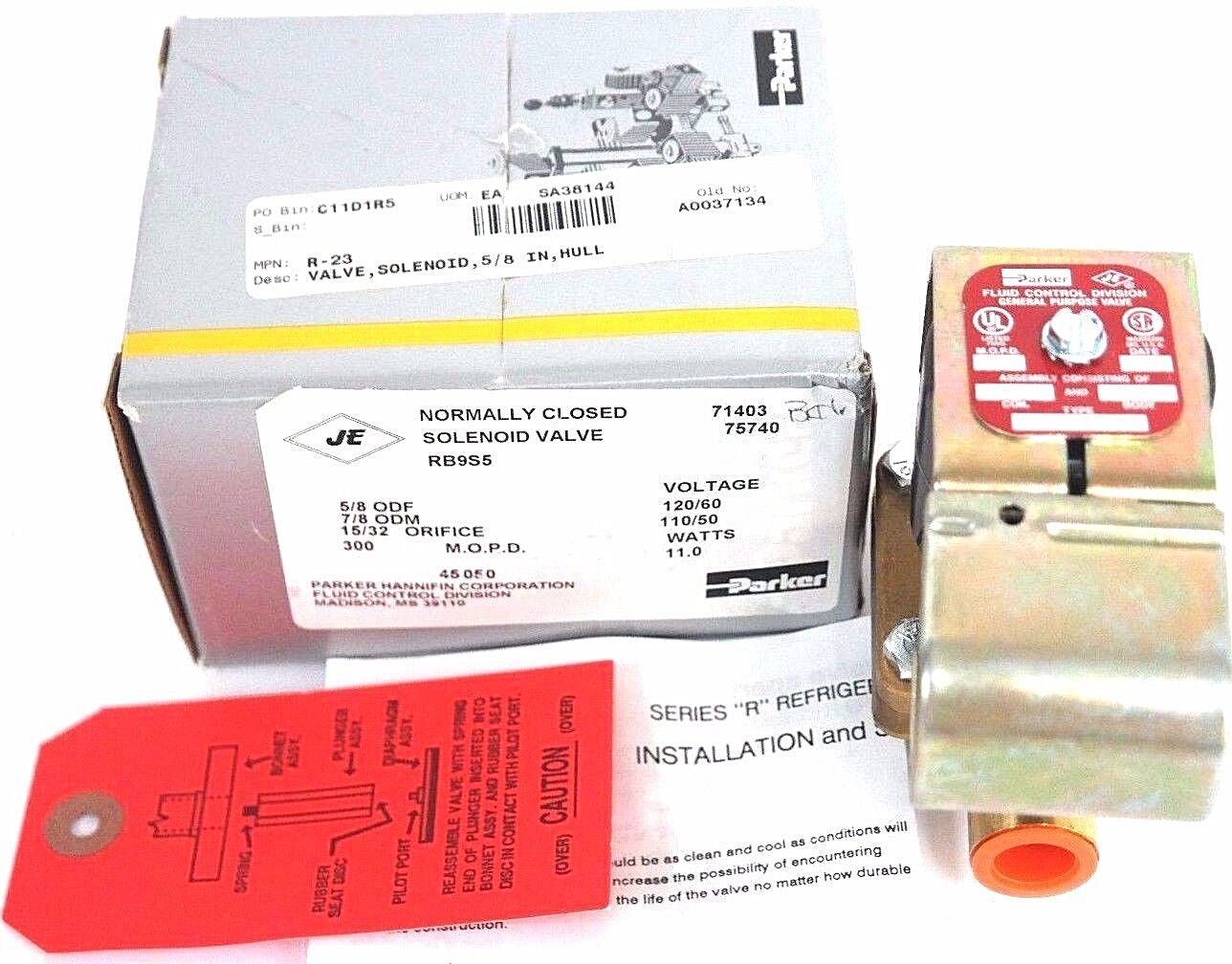 NIB PARKER RB9S5 GENERAL PURPOSE VALVE COIL: R-23, M.O.P.D. 300, 15/32 ORIFICE