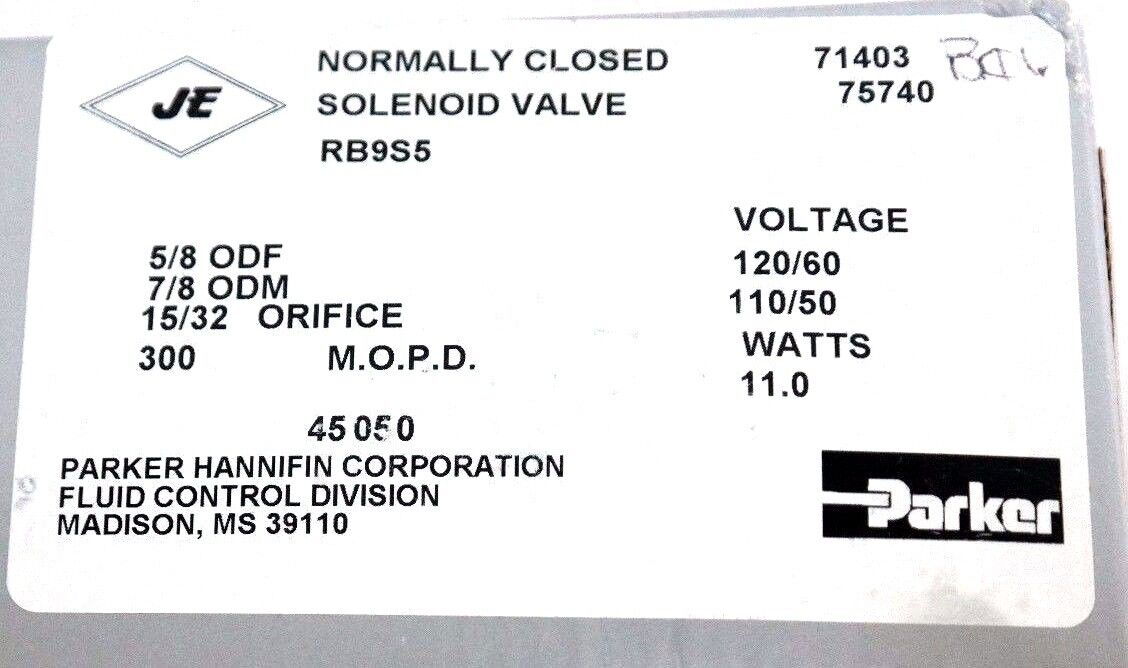 NIB PARKER RB9S5 GENERAL PURPOSE VALVE COIL: R-23, M.O.P.D. 300, 15/32 ORIFICE