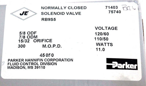 NIB PARKER RB9S5 GENERAL PURPOSE VALVE COIL: R-23, M.O.P.D. 300, 15/32 ORIFICE
