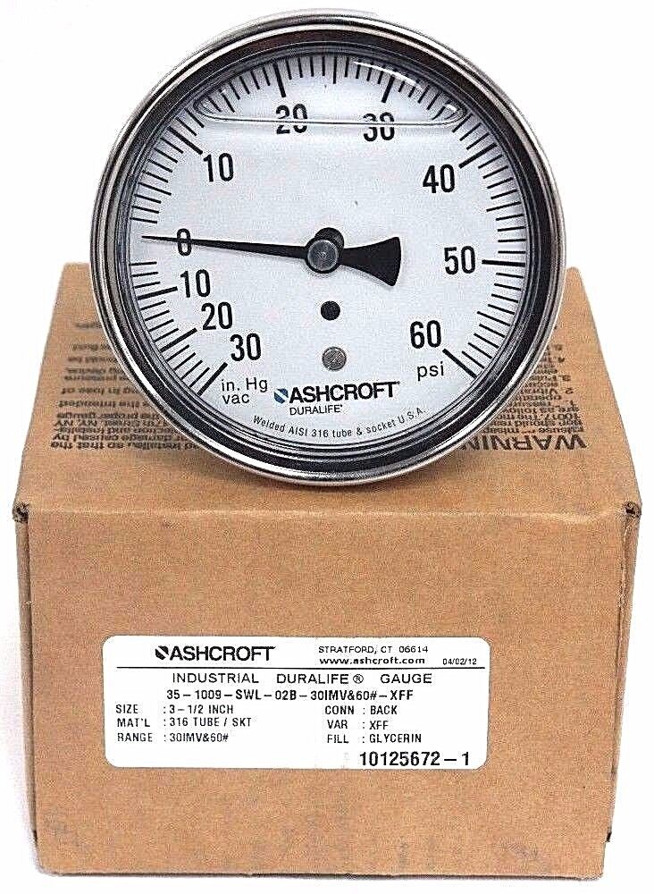 NIB ASHCROFT 35-1009-SWL-02B-30IMV&60#-XFF DURALIFE GAUGE SIZE: 3-1/2''