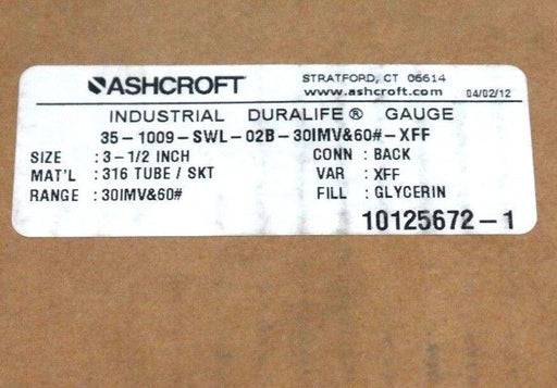 NIB ASHCROFT 35-1009-SWL-02B-30IMV&60#-XFF DURALIFE GAUGE SIZE: 3-1/2''
