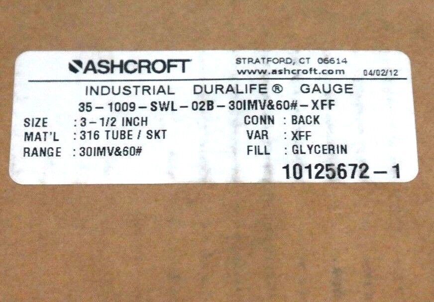 NIB ASHCROFT 35-1009-SWL-02B-30IMV&60#-XFF DURALIFE GAUGE SIZE: 3-1/2''