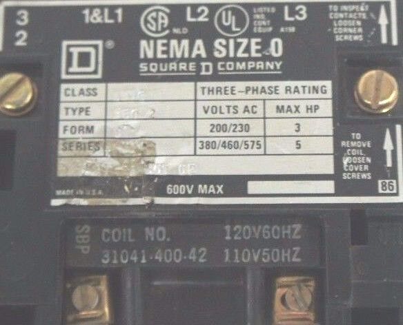 SQUARE D CLASS 8536 TYPE SB02 SIZE 0 STARTER 3 PHASE 8536SB02