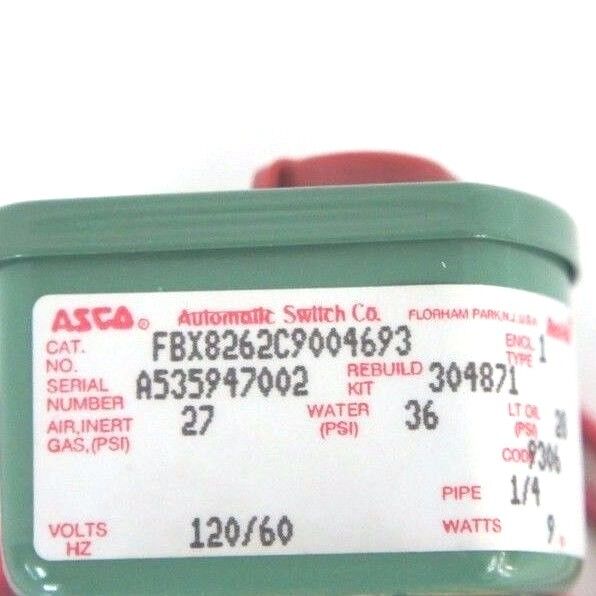 NIB ASCO FBX8262C9004693 VALVE 120V, 60HZ, 1/4'' PIPE, 9 WATTS