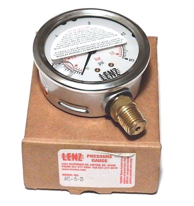 NIB LENZ AFC-15-25 PRESSURE GAUGE 0-15PSI, 0-1.0BAR, AFC1525