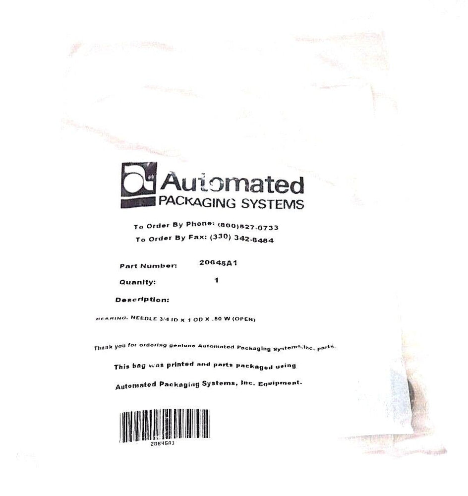 NEW AUTOMATED PACKAGING SYSTEMS 20645A1 NEEDLE BEARING 3/4 ID X 1 OD X 50 W
