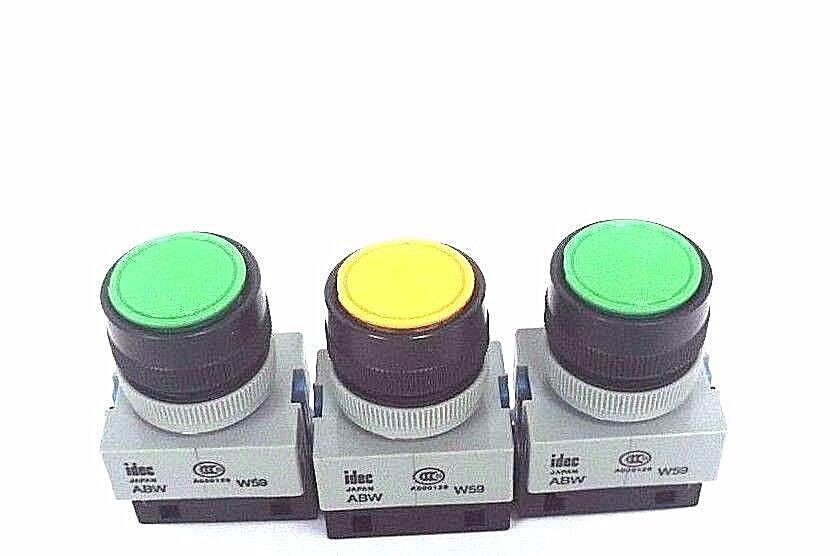 LOT OF 3 NEW IDEC ABW W59 PUSHBUTTONS W/ HW-C10 CONTACT BLOCKS GREEN YELLOW