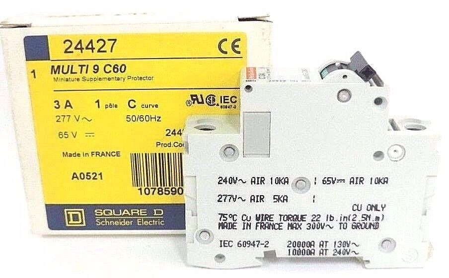 NIB SQUARE D MULTI 9 C60 MINIATURE SUPPLEMENTARY PROTECTOR 24427, 3A, 1POLE