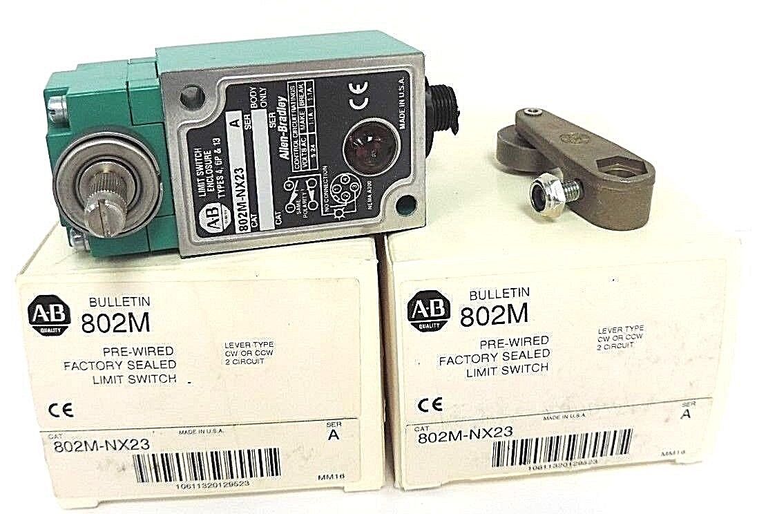 LOT OF 2 NIB ALLEN BRADLEY 802M-NX23 PRE-WIRED LIMIT SWITCHES 802MNX23, SER. A