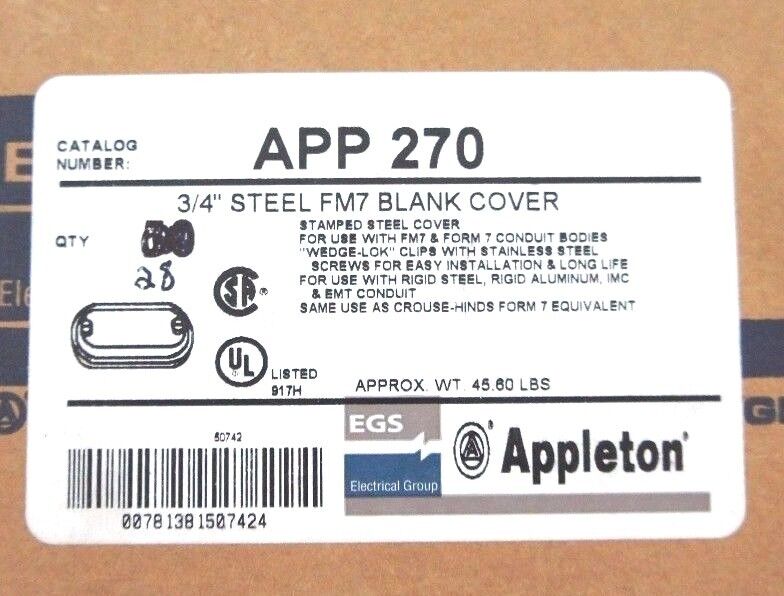 BOX OF 28 NEW APPLETON APP 270 3/4" STEEL FM7 BLANK COVERS