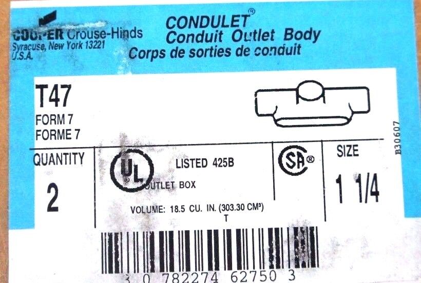 BOX OF 2 NEW COOPER CROUSE-HINDS T47 CONDUIT OUTLET BODIES FORM 7, 1-1/4"