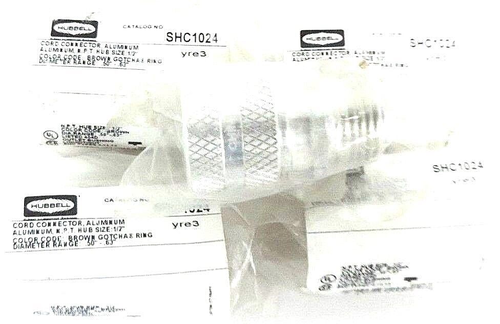 LOT OF 5 NEW HUBBELL SHC1024 CORD CONNECTORS, ALUMINUM N.P.T. HUB SIZE: 1/2''