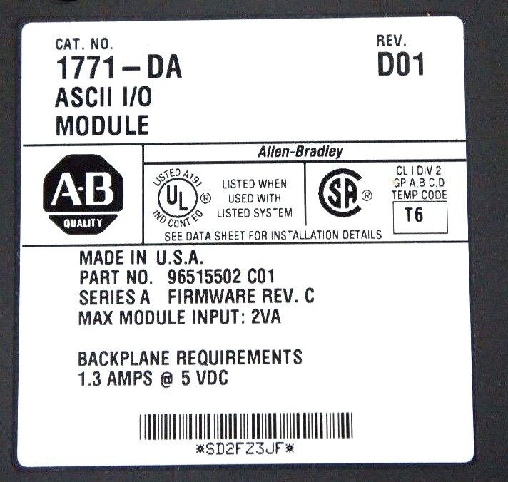NIB ALLEN BRADLEY 1771-DA ASCII I/O MODULE SER. A, CAT REV. D01, F/W REV. C