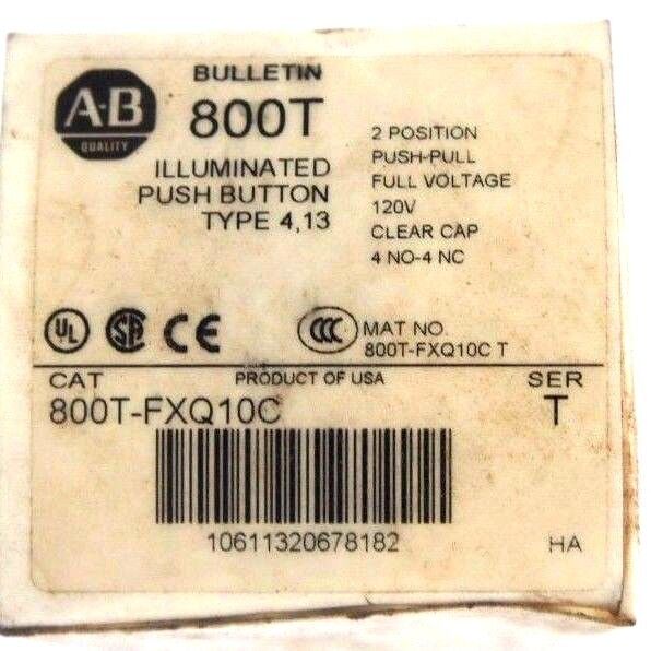 NIB ALLEN BRADLEY 800T-FXQ10C SER. T ILLUMINATED PUSH BUTTON CLEAR CAP 120V