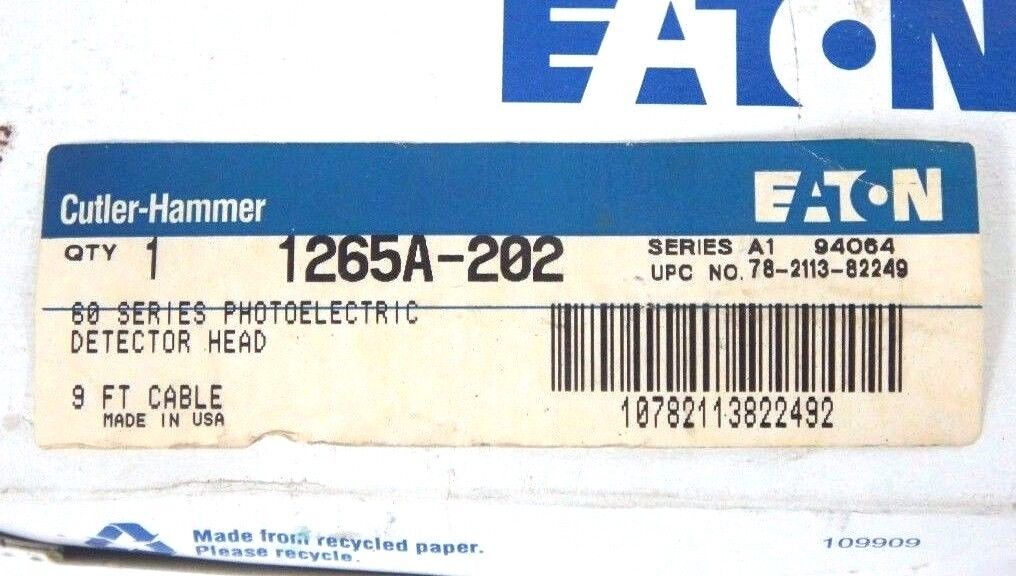NIB CUTLER HAMMER 1265A-202 SER. A1 PHOTOELECTRIC DETECTOR HEAD 9FT CABLE