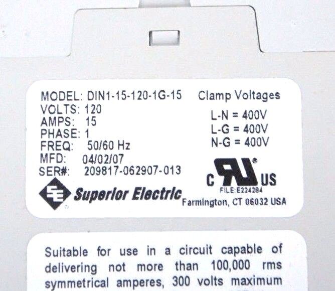 NIB SUPERIOR ELECTRIC DIN1-15-120-1G-15 TRANSIENT VOLTAGE SURGE SUPRESSOR 120V