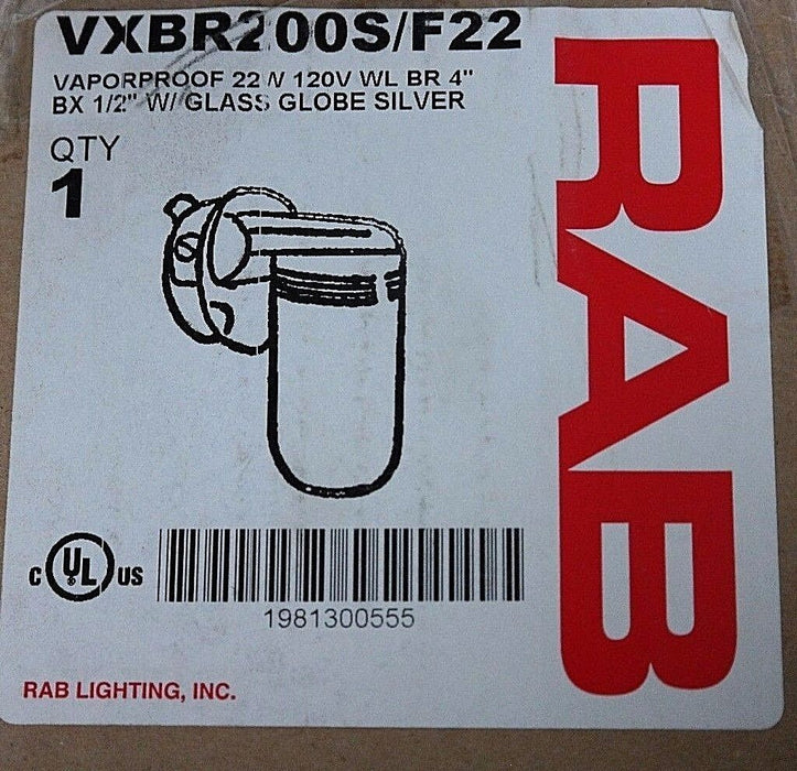 NIB RAB LIGHTING VXBR200S/F22 VAPORPROOF LIGHT FIXTURE 22W 120V WL BR 4" BX 1/2"