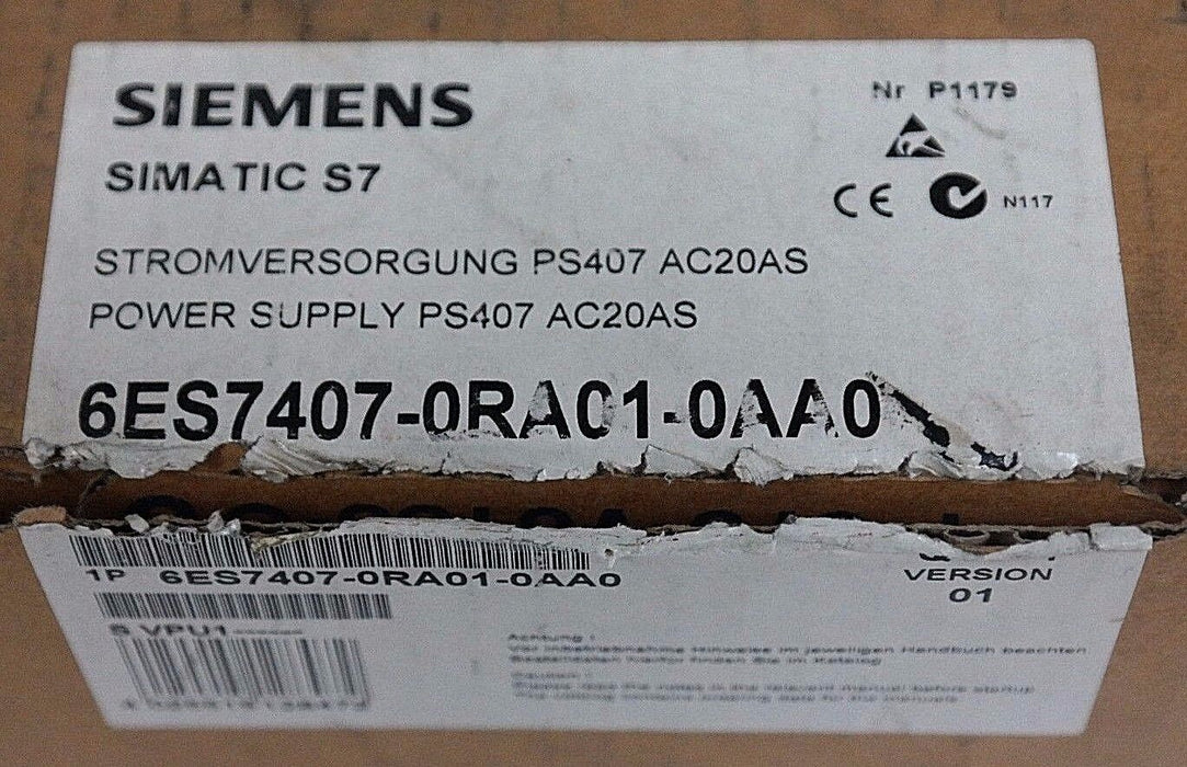 NEW SIEMENS SIMATIC S7  6ES7407-0RA01-0AA0 POWER SUPPLY PS407 AC20AS VERSION 1