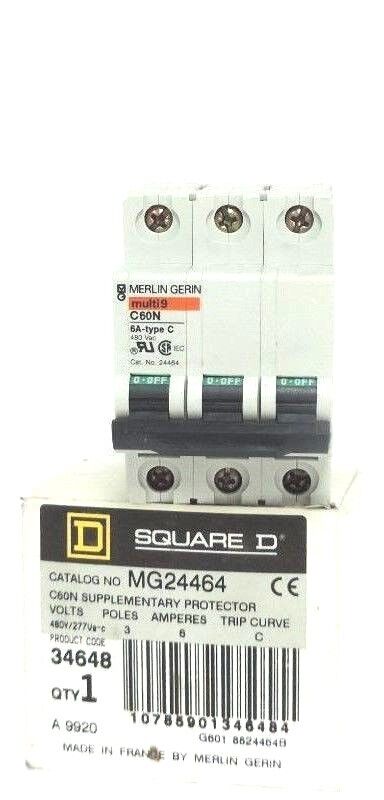 NIB SQUARE D MG24464 SUPPLEMENTARY PROTECTOR C60N MERLIN GERIN 3POLE, 6AMP