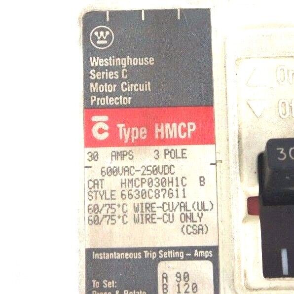 WESTINGHOUSE HMCP030H1CB SER. C CIRCUIT BREAKER STYLE: 6630C87G11, HMCP, 30 AMPS