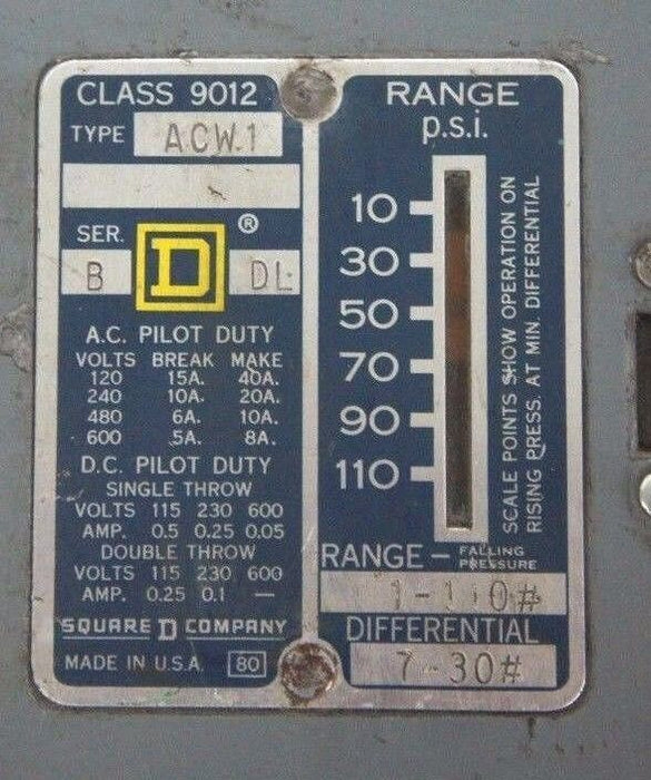 SQUARE D 9012-ACW1 SER. B PRESSURE SWITCH 9012ACW1