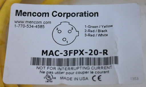 NEW MENCOM MAC-3FPX-20-R MICRO-AC SERIES CORDSET 300V, 4A, 3P, 20FT, MAC3FPX20R