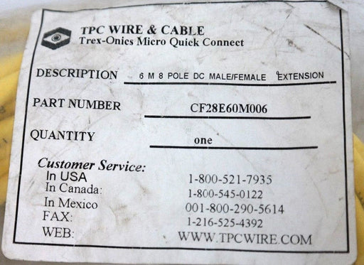 NEW TPC WIRE & CABLE CF28E60M006 TREX-ONICS MICRO QUICK CONNECT CABLE 6M 8P M/F