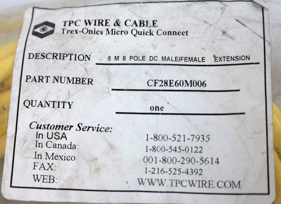 NEW TPC WIRE & CABLE CF28E60M006 TREX-ONICS MICRO QUICK CONNECT CABLE 6M 8P M/F