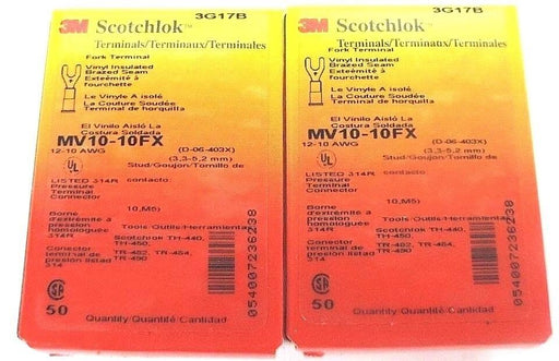 LOT OF 100 3M SCOTCHLOK MV10-10FX FORK TERMINALS MV1010FX, 12-10 AWG
