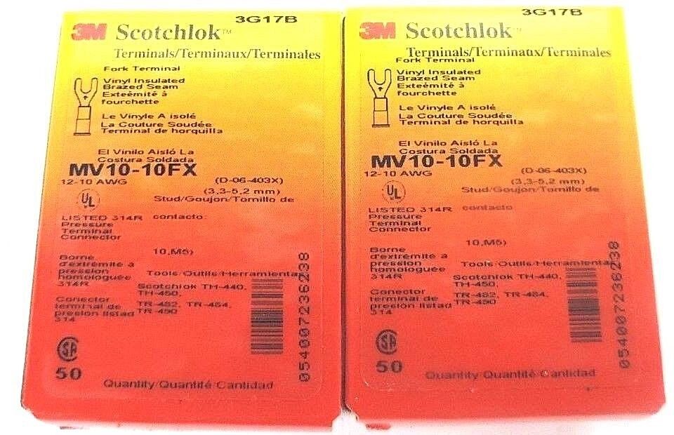 LOT OF 100 3M SCOTCHLOK MV10-10FX FORK TERMINALS MV1010FX, 12-10 AWG