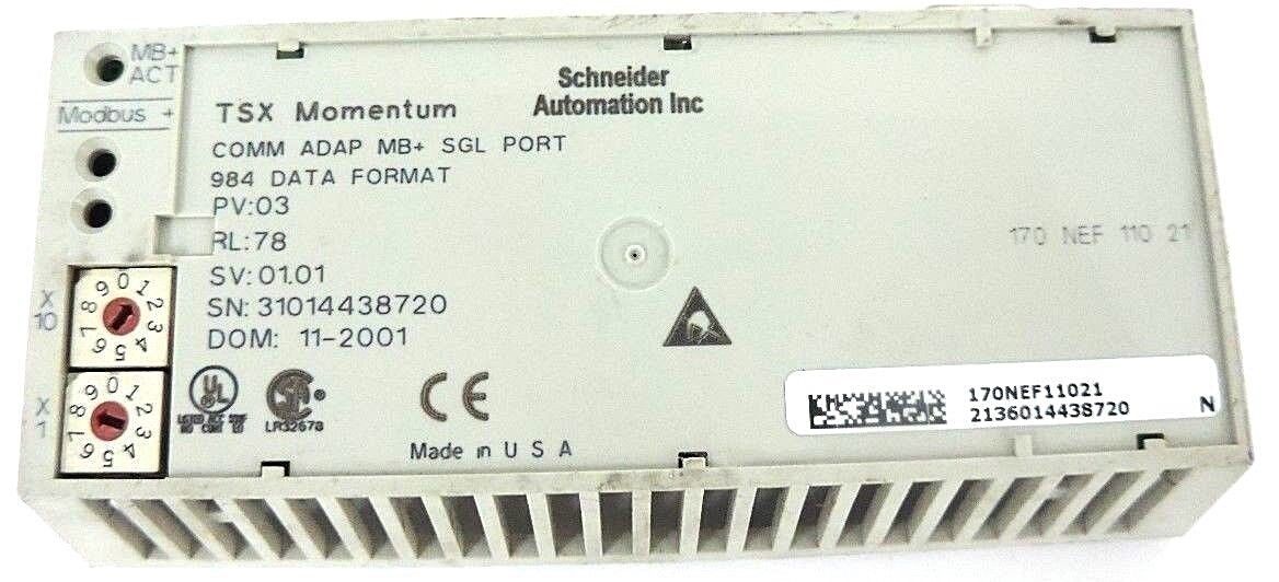 SCHNEIDER MODICON 170NEF11021 COMM ADAP MB+ SGL PORT PV: 03, RL: 78, SV: 01.01