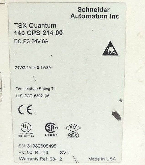 SCHNEIDER AUTOMATION 140CPS21400 DC POWER SUPPLY 24V, 8A, 140-CPS-214-00