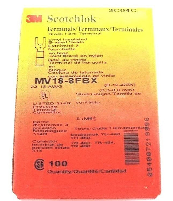 BOX OF 100 3M SCOTCHLOK MV18-8FBX FORK TERMINALS MV188FBX, 22-18 AWG
