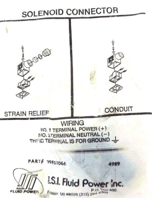 NIB I.S.I. FLUID POWER 39E01066 SOLENOID CONNECTOR