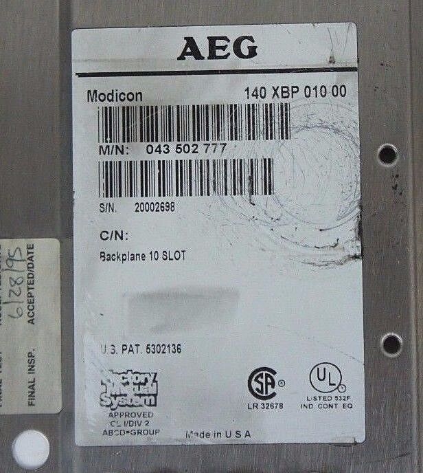 AEG MODICON 140XBP01000 BACKPLANE 10 SLOT M/N: 043502777