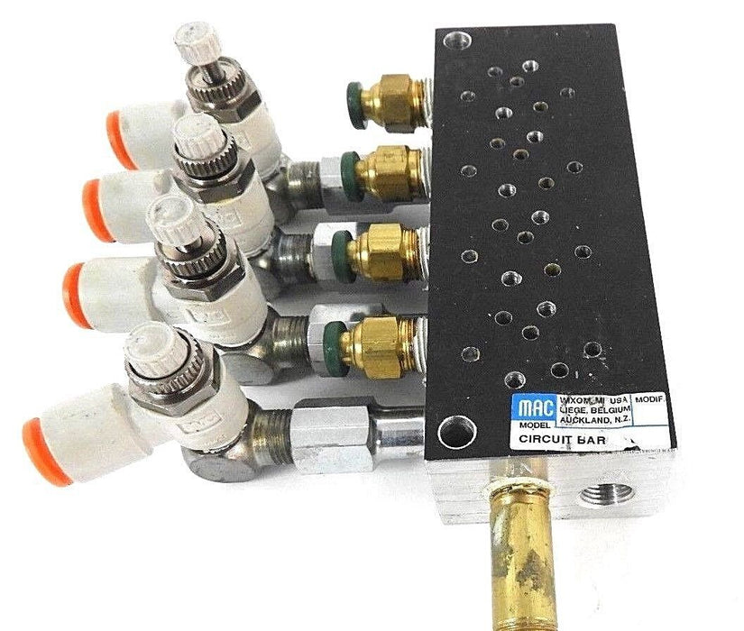 MAC CIRCUIT BAR W/ (4) SMC AS2201F-N01-04K FLOW CONTROL FITTINGS