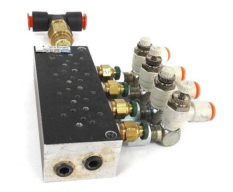 MAC CIRCUIT BAR W/ (4) SMC AS2201F-N01-04K FLOW CONTROL FITTINGS