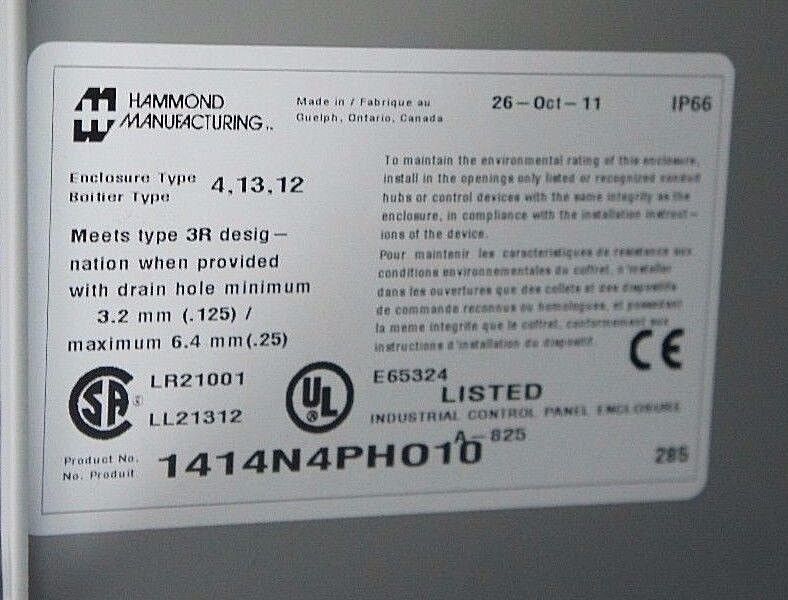 NIB HAMMOND 1414N4PHO10 ENCLOSURE JUCTION BOX 1414N4PH010, 16.0H X 14.0W X 10.0D