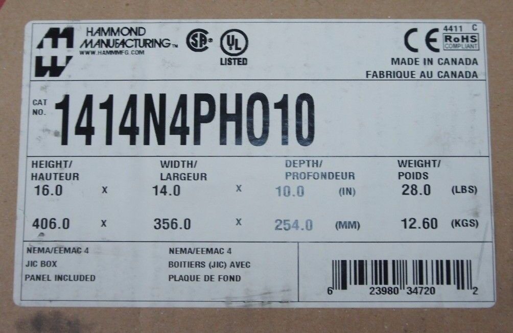 NIB HAMMOND 1414N4PHO10 ENCLOSURE JUCTION BOX 1414N4PH010, 16.0H X 14.0W X 10.0D