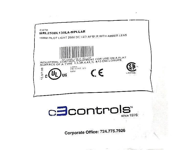 NEW C3CONTROLS MRL250DL130LA-MPLLAR 16MM PILOT LIGHT 250V DC LED AMBER