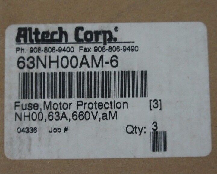 BOX OF 3 NEW ALTECH CORP. 63NH00AM-6 MOTOR PROTECTION FUSES 36A, 660V
