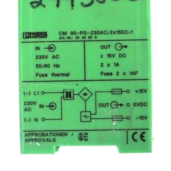 PHOENIX CONTACT CM 90-PS-230AC/2X15DC/1 POWER SUPPLY 230VAC 50/60HZ