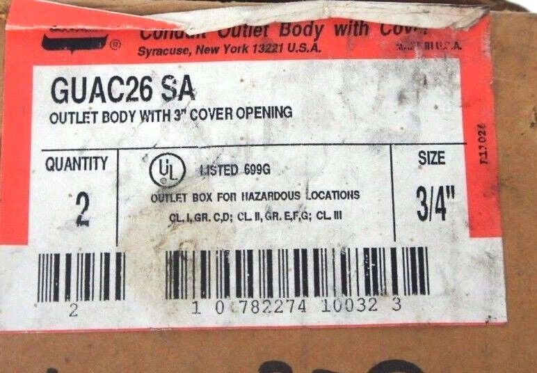 BOX OF 2 NEW CROUSE HINDS GUAC-26-SA CONDUIT OUTLET BOXES WITH 3" COVER OPENING